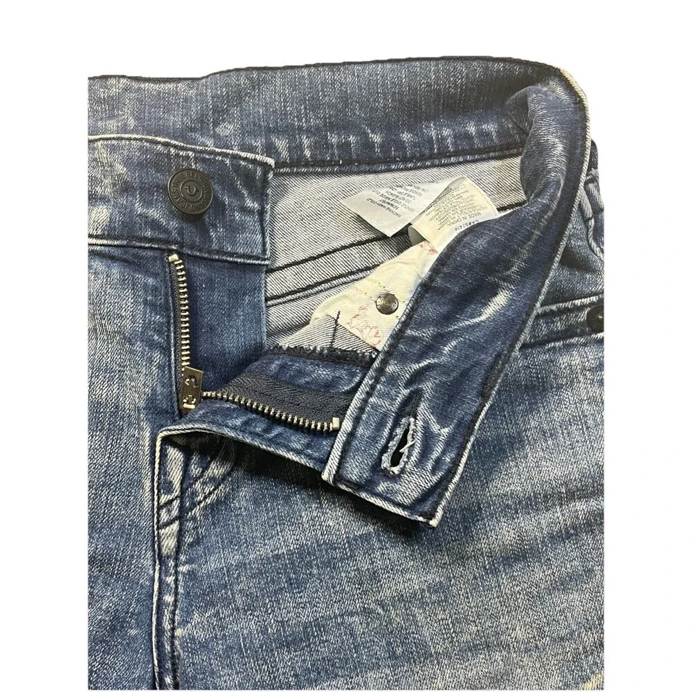True Religion Geno Moto Shorts Men's 27 Blue Denim Chevron Stitch Raw Hem Biker